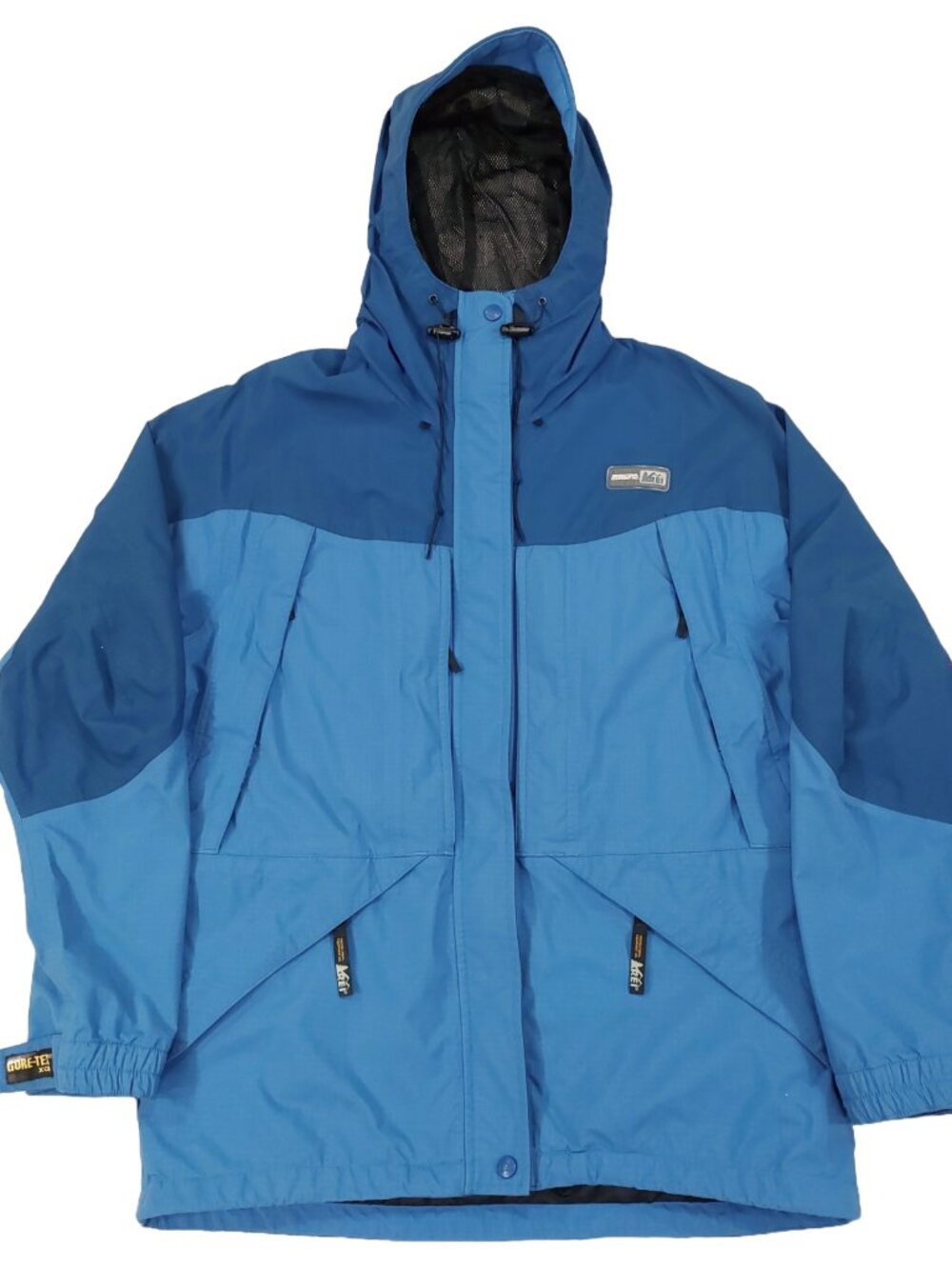 REI Gore-Tex Waterproof XCR Jacket Womens Sz M, Zipper Pockets, Colorblock Blue